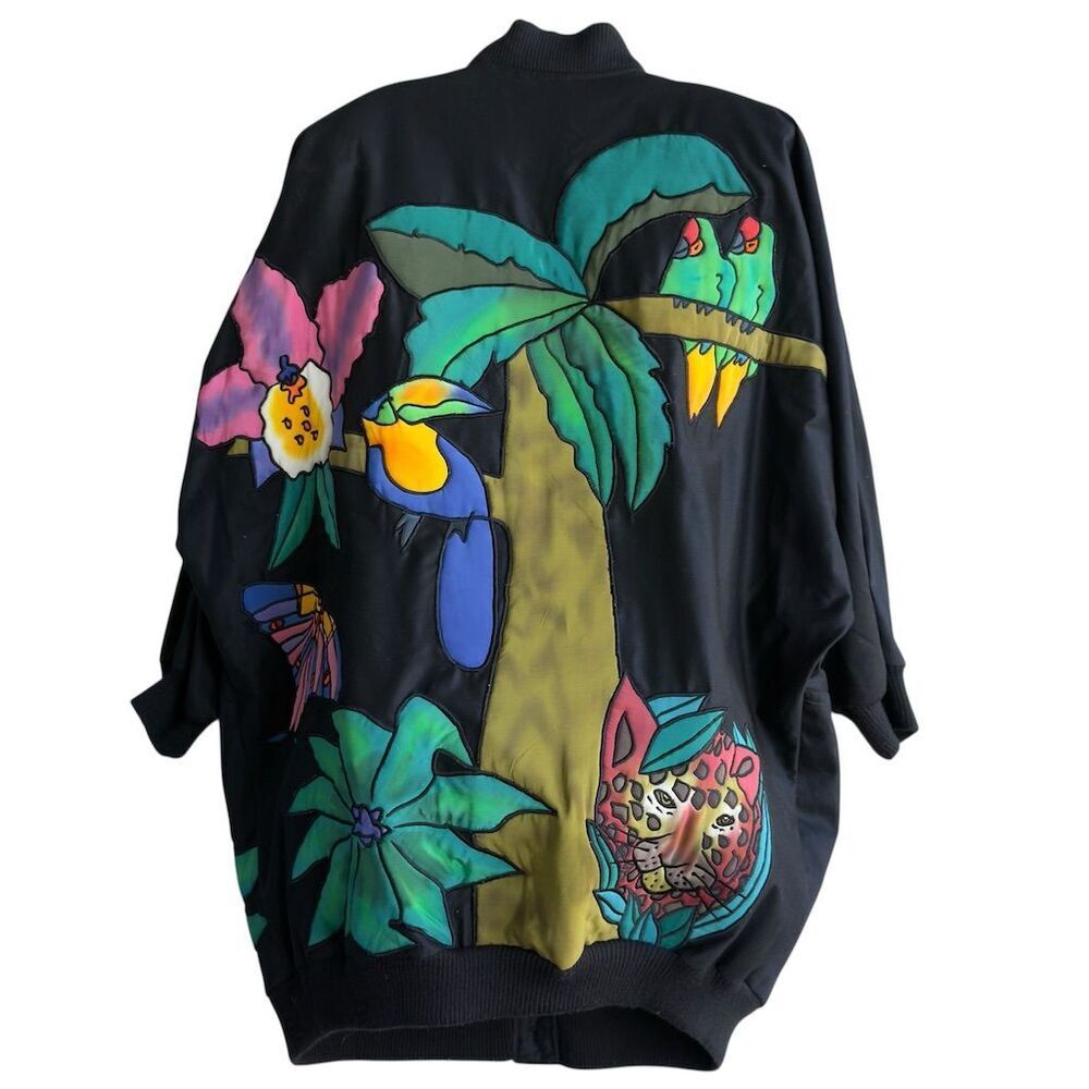 Vintage 1980s Silkscapes Wearable Art Jungle Novelty Print Jacket One Size